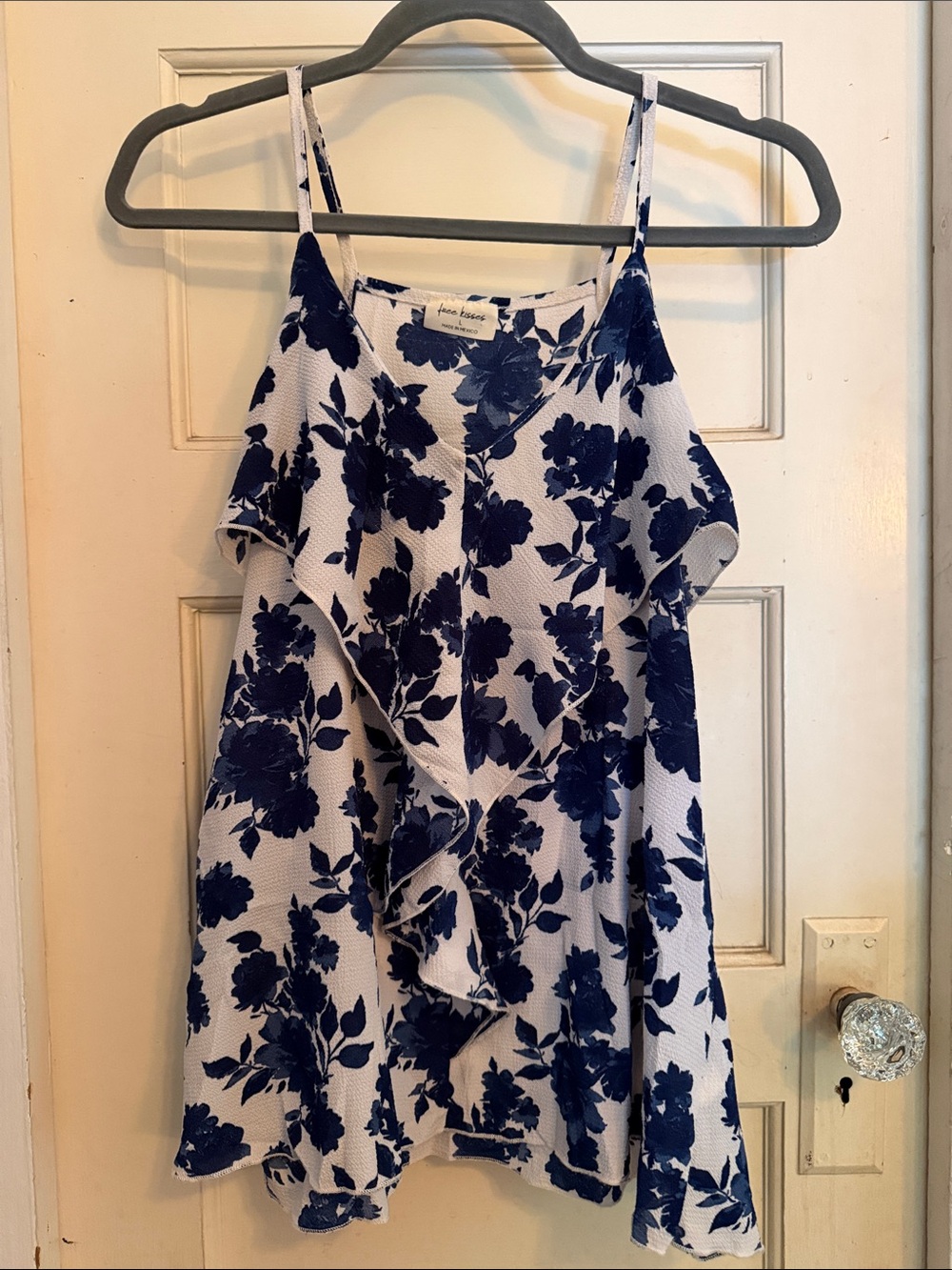 Free Kisses White and Navy Floral Ruffle Cami